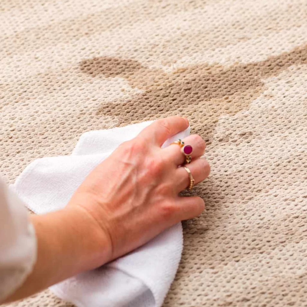 Woman Rubbing Wax Out Of Carpet Using Clean White Towel